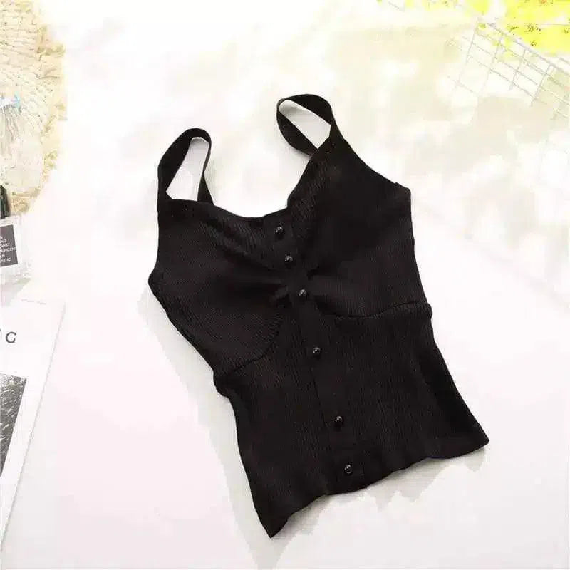 Women's Sleeveless Buttoned Crop Top-Black-7
