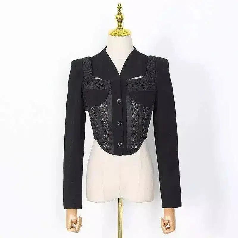 Womens Lace Detail Cropped Blazer Jacket-Black-3