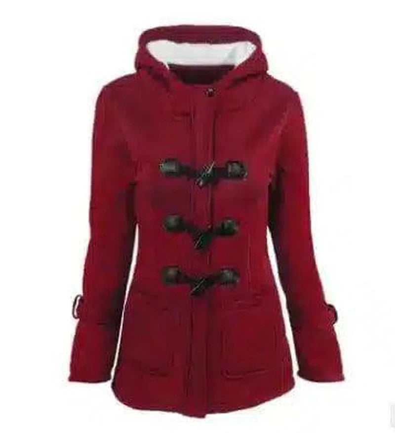 warm winter fur collar jackets women new horn button Long-Jujube red-6