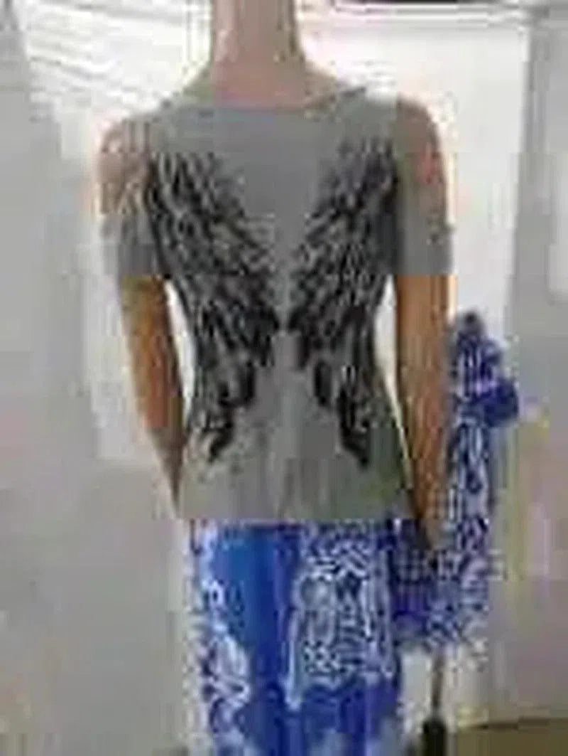 Women's Angel Wing Cutout Shoulder Tee-Grey-3