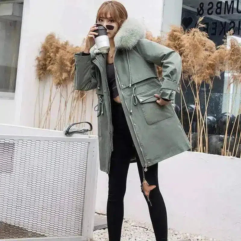 Women's Faux Fur Collar Winter Coat with Pockets-Green-5