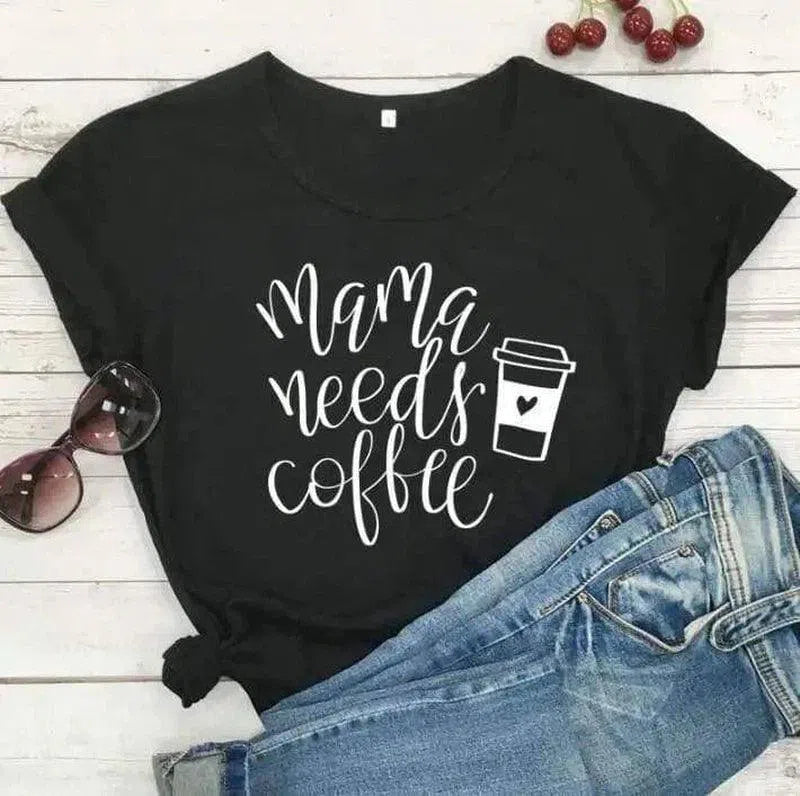 Casual Women's Coffee Slogan T-Shirt-Black-5