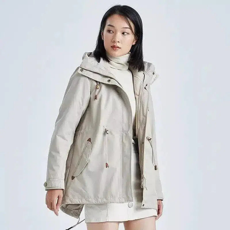 Chic Raincoat for Women with Detachable Hood-Khaki-4