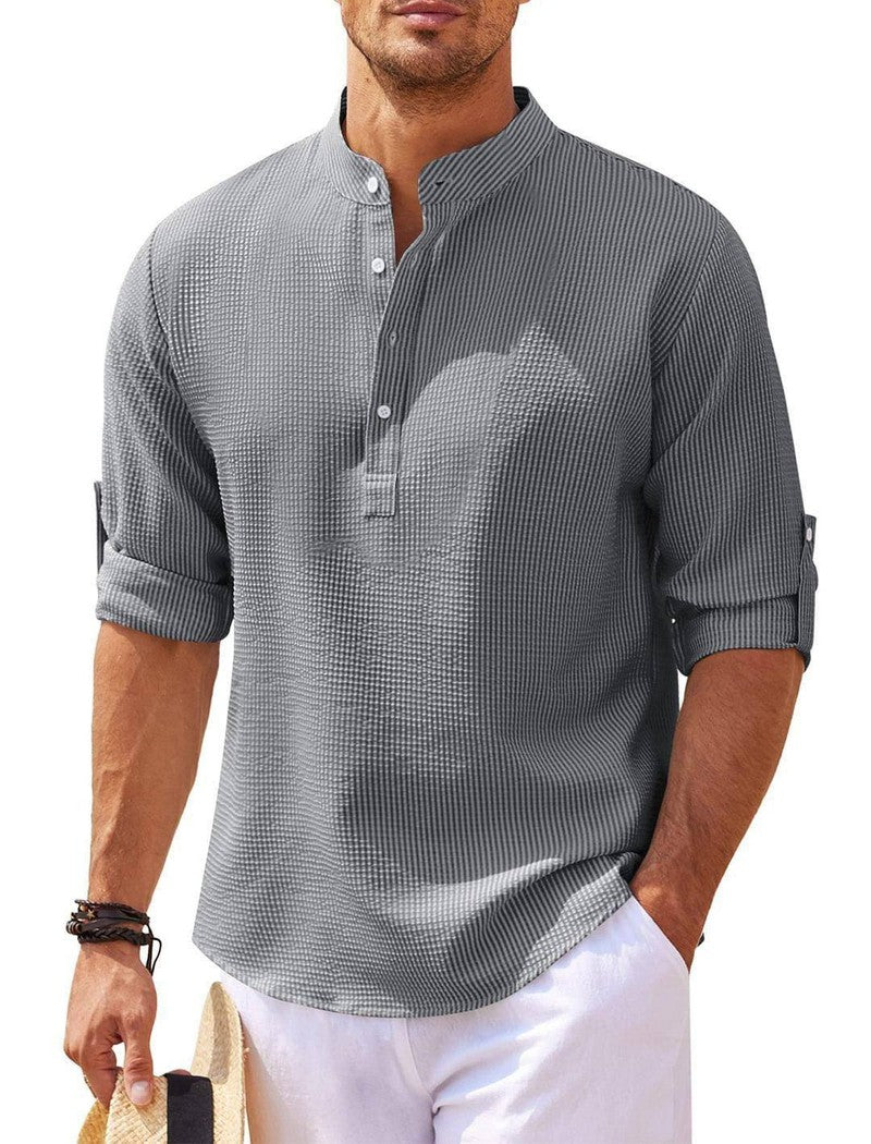 Men's Casual Shirt Long Sleeve Stand Collar Solid Color Shirt Mens Clothing Khaki / 5XL-Dark Gray-11
