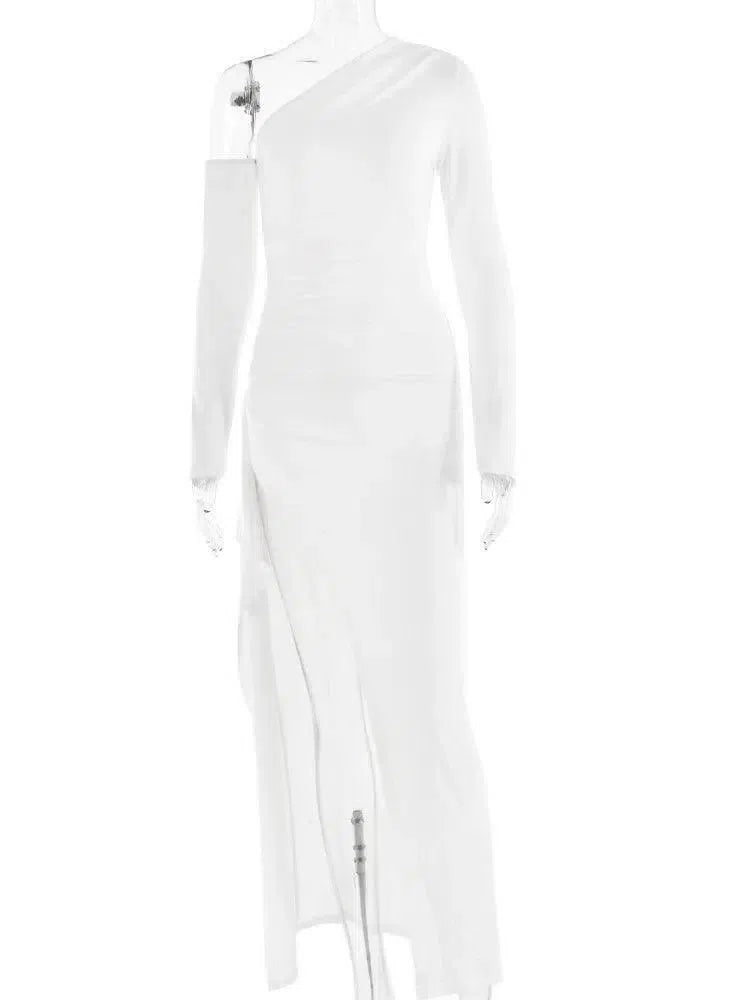Oblique Shoulder High Split Maxi Dress - Backless Party-S-6