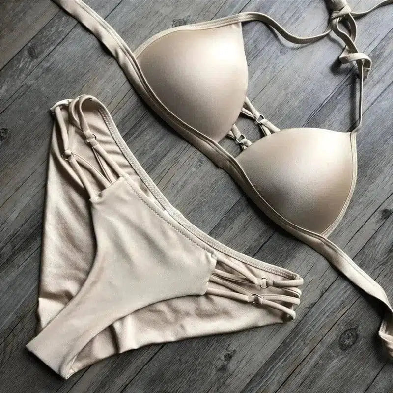 Pure color hard bag bikini split-Khaki-3