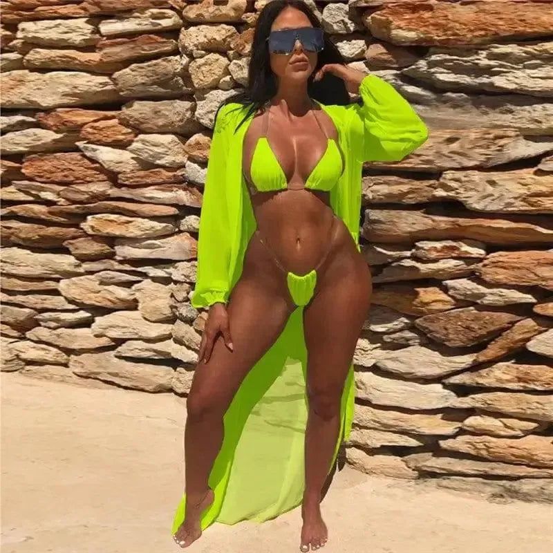 pure color two-piece bikinis long-sleeved blouse-Yellow-4
