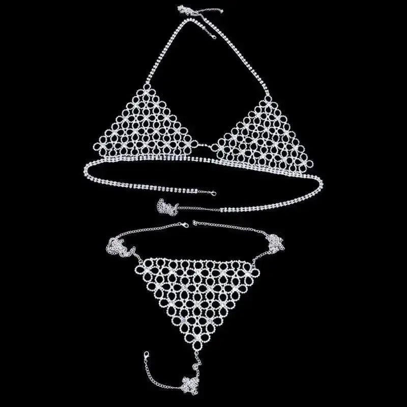Shiny Bikini Set with Rhinestone Hollow Flower Body-Silver-7