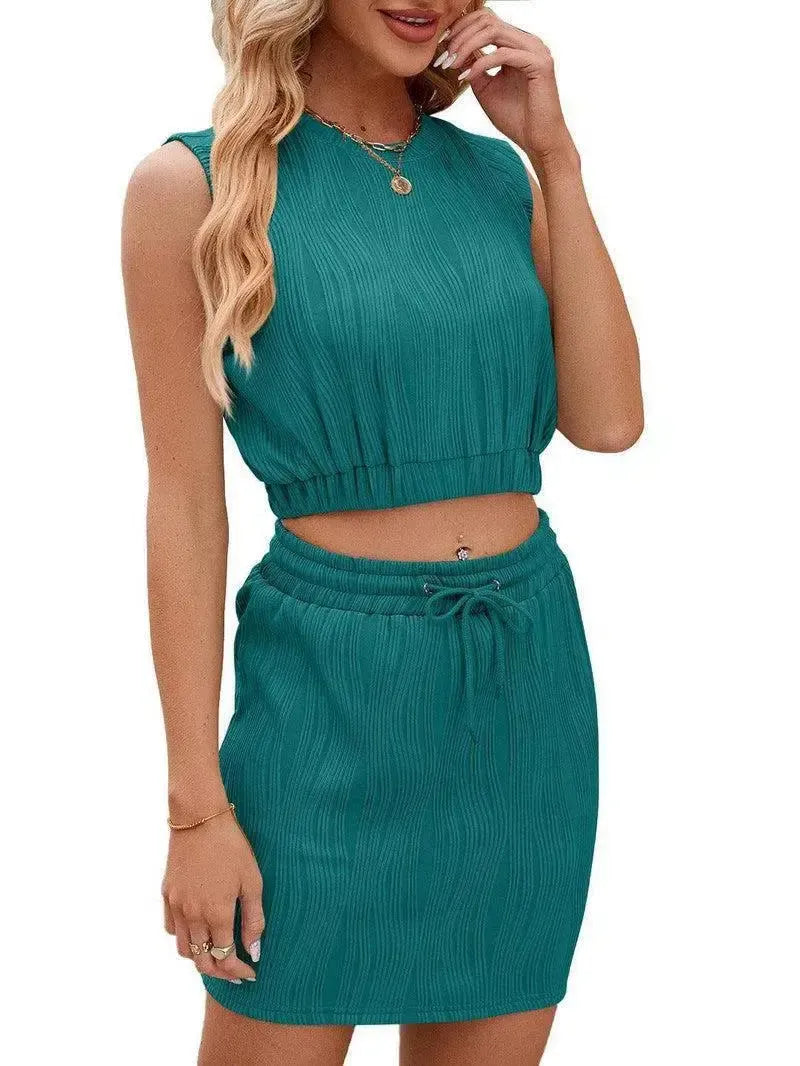 Wave Pattern Design Suit For Women Round Neck Sleeveless Top And Drawstring Design Short Skirt Fashion 2-piece Set Summer Clothing-Blue-6