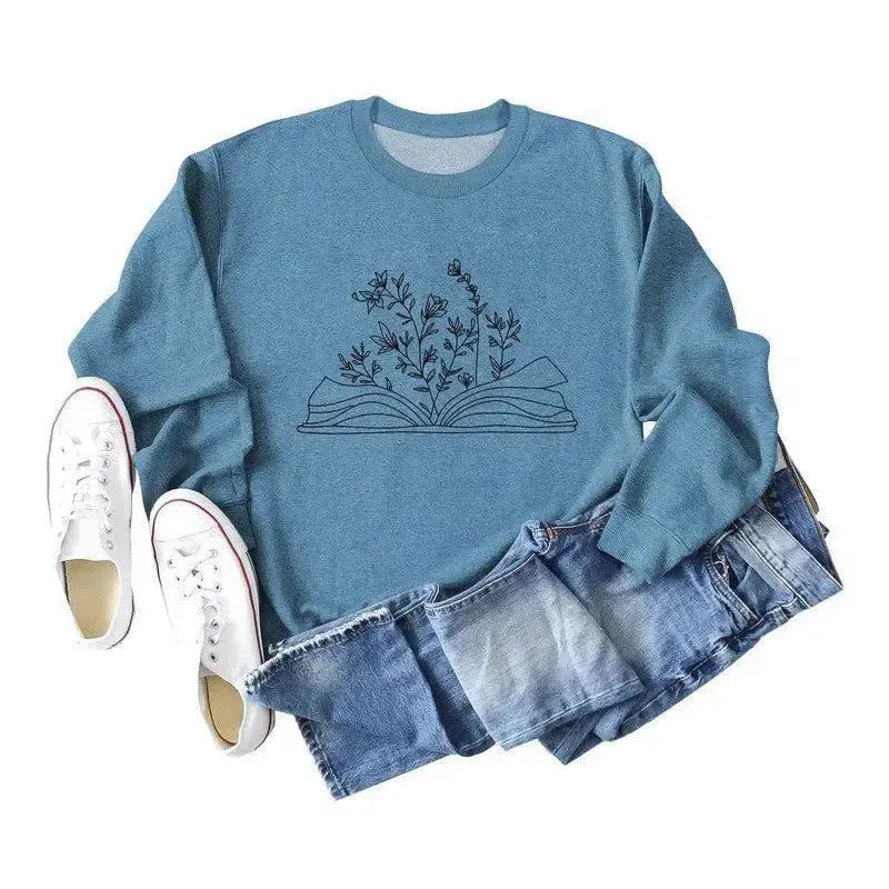 Women's Fashion Casual Book Botanical Pattern Long Sleeve-Blue Black Font-19