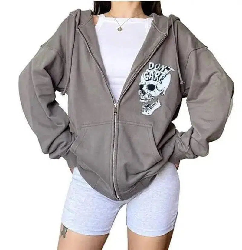 Women's Streetwear Hooded Jacket Skeleton Print Coat Loose-gray skull-6