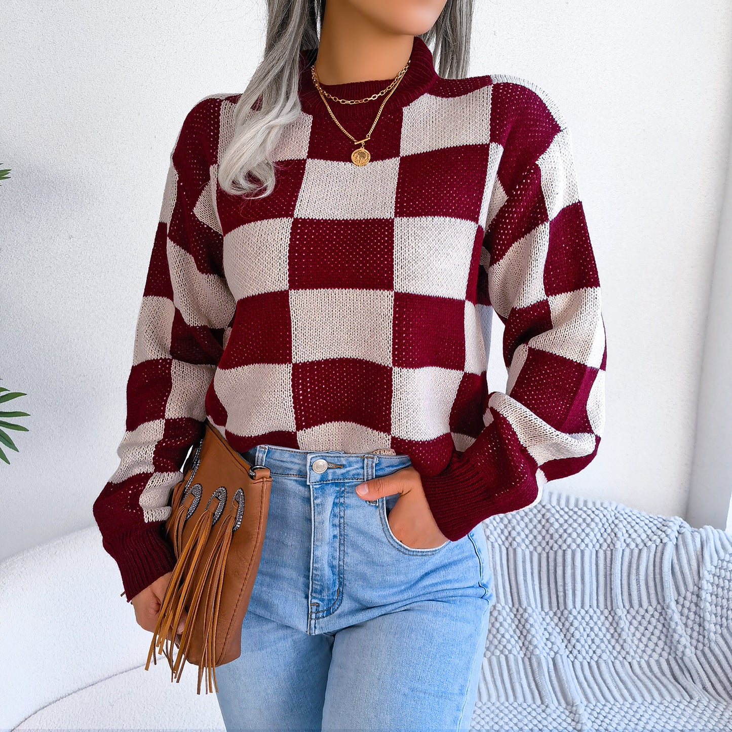 Checkered Crewneck Sweater