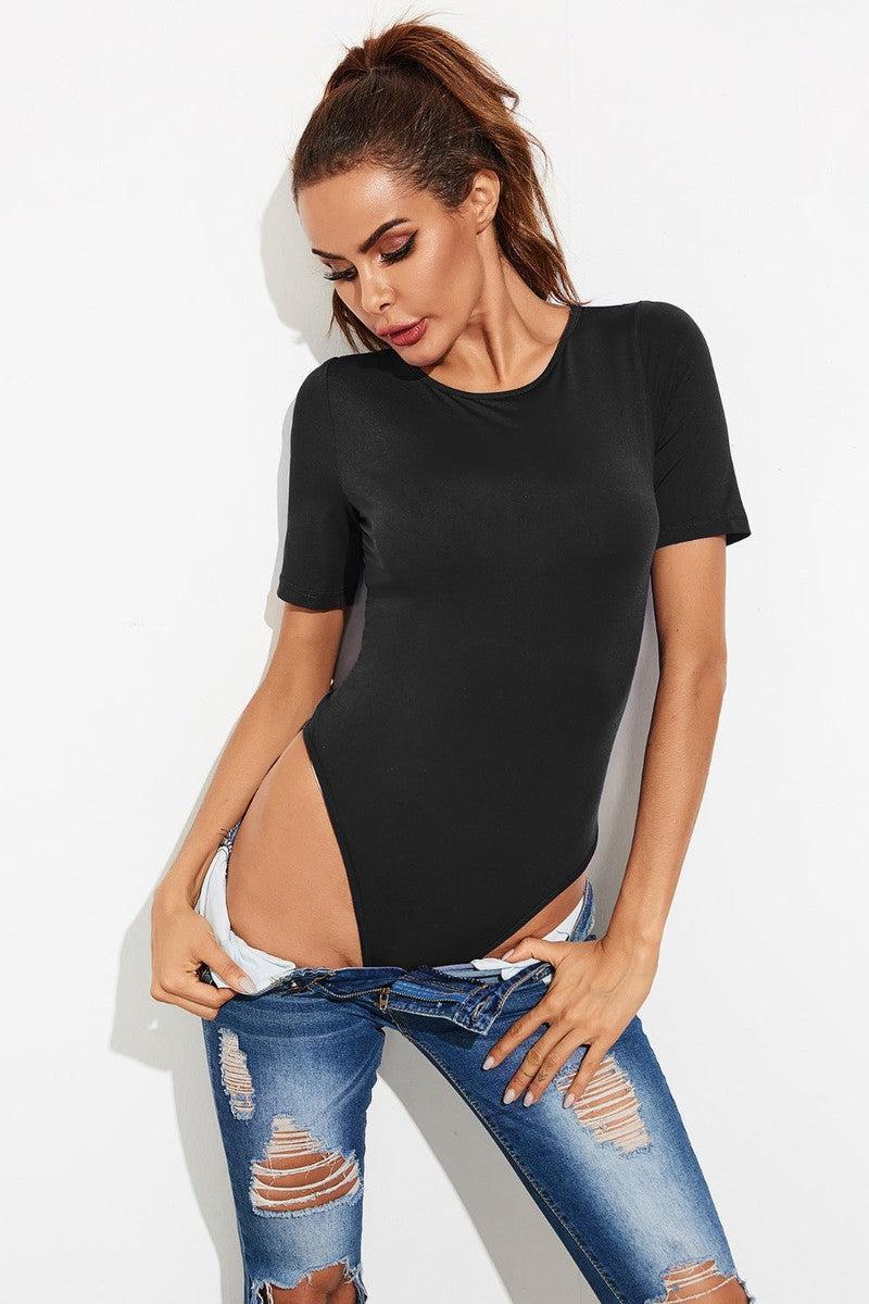Round Neck Short Sleeve Bodysuit-Black-1