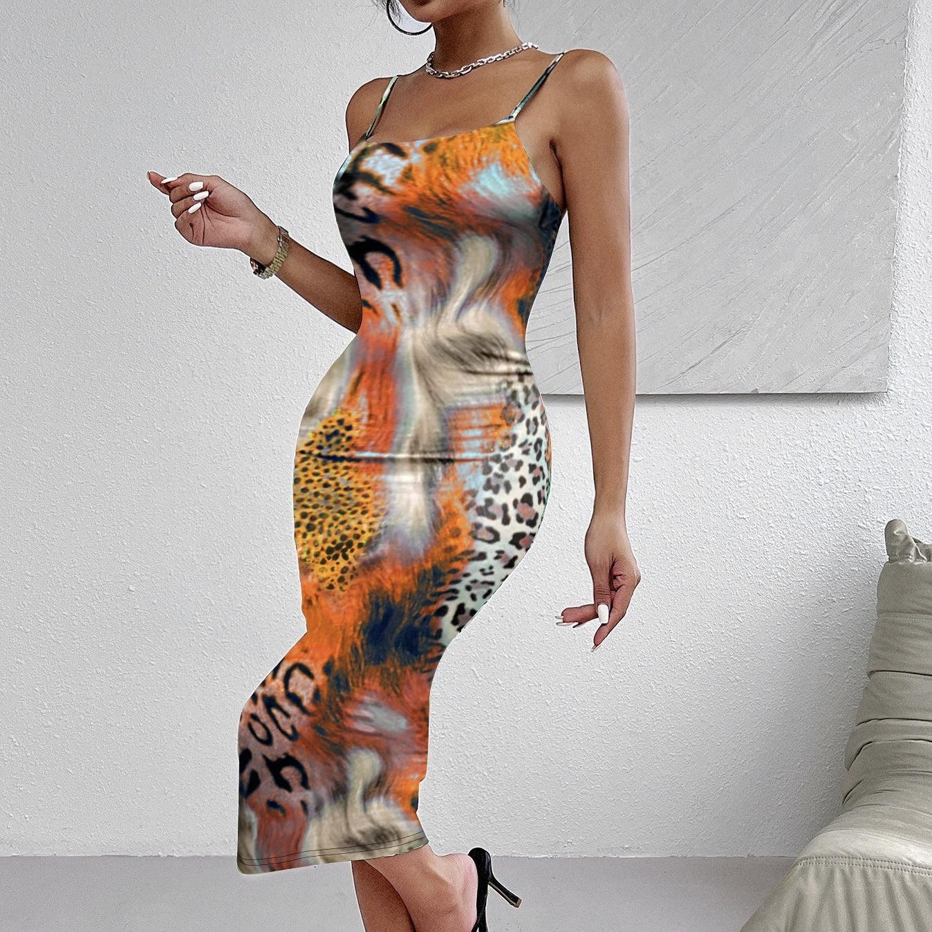 Ladies' Leopard Print Off-Shoulder Dress – Elegant Suspender Style for Vacation Glam