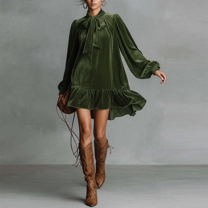 Puff Sleeve Bow Tie Mini Dress