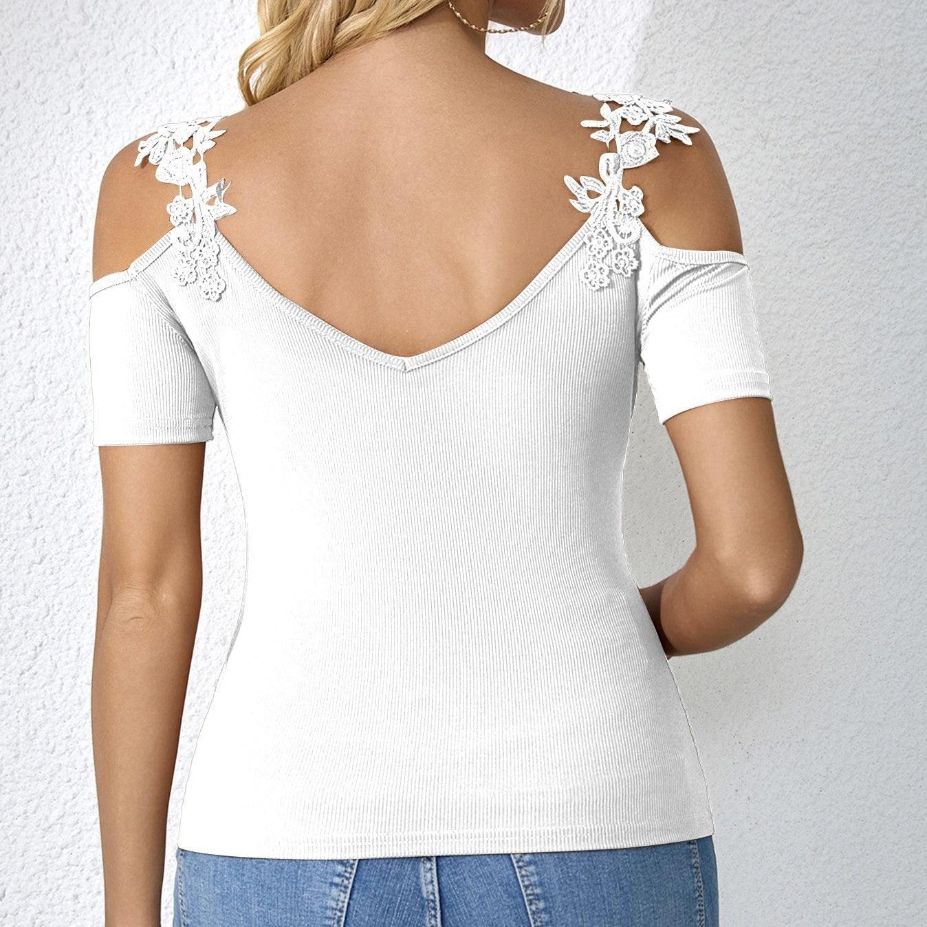 Ladies' V-Neck Solid Color Lace Patchwork T-Shirt | Lightweight and Fashionable Casual Top