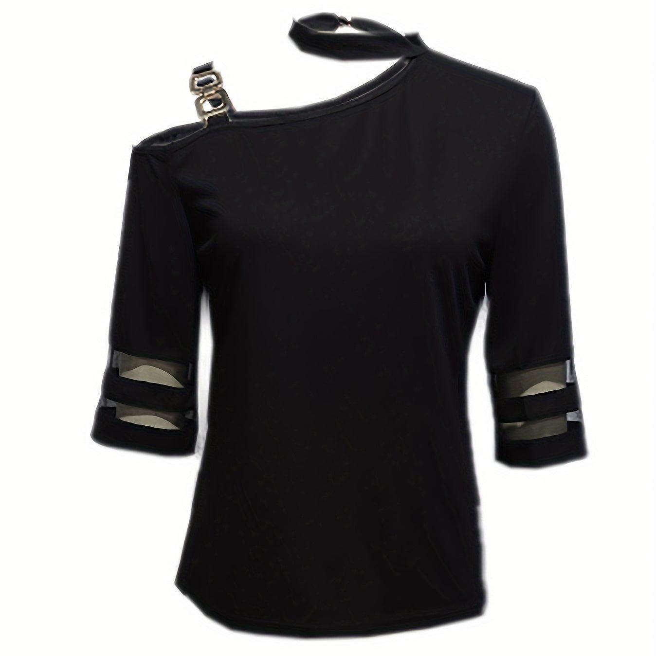 Ladies' Solid Color Off Shoulder Top with Irregular Collar & Hanging Neck Design – Stylish & Unique