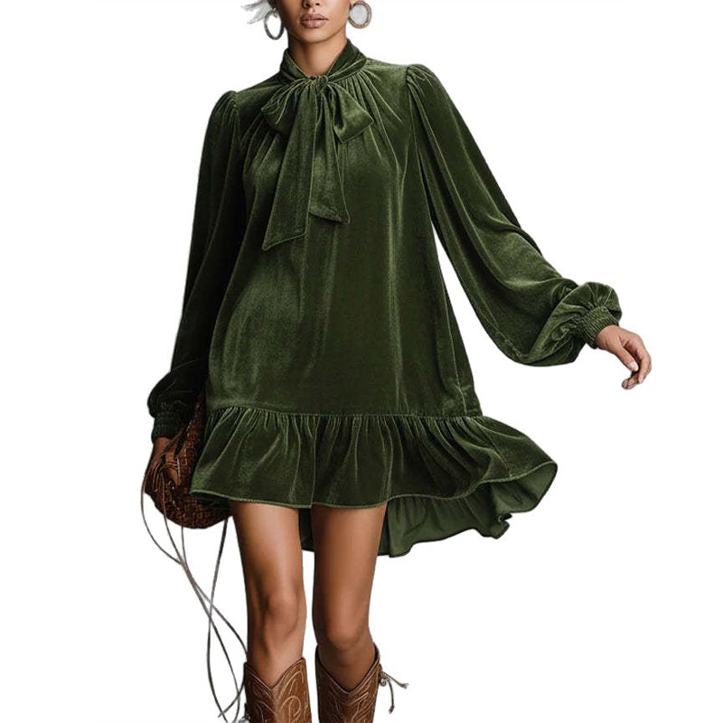 Puff Sleeve Bow Tie Mini Dress