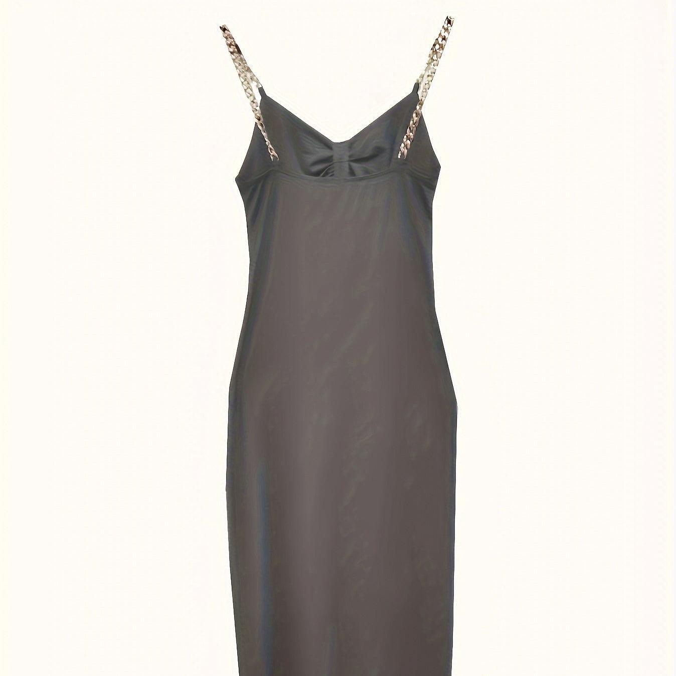 Women's Solid Color Long Dress | Metal Chain, Hollow Chest, Pleat & Slit Design