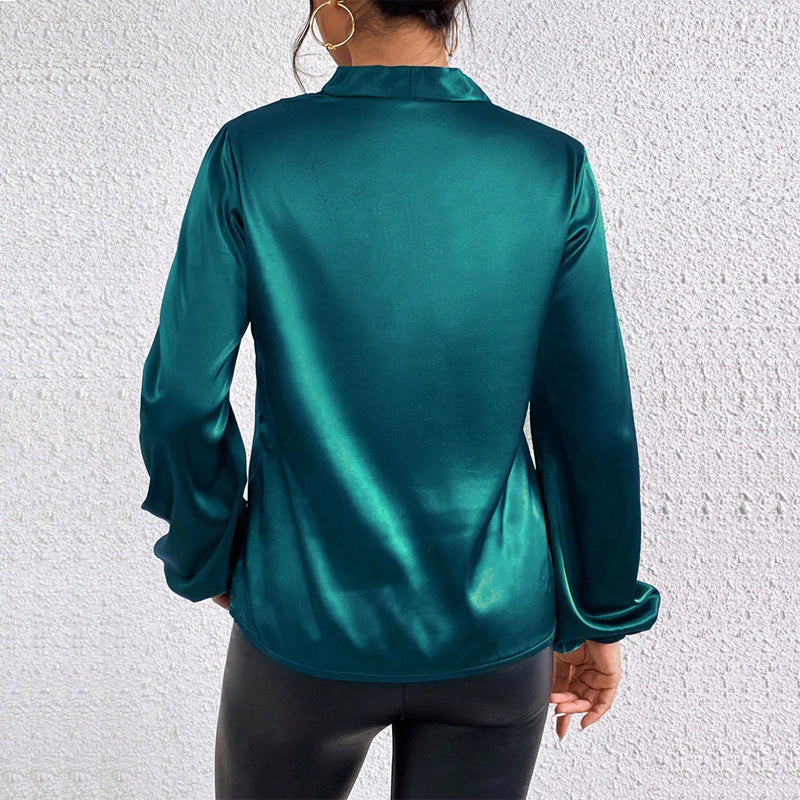Satin V-Neck Puff Sleeve Blouse