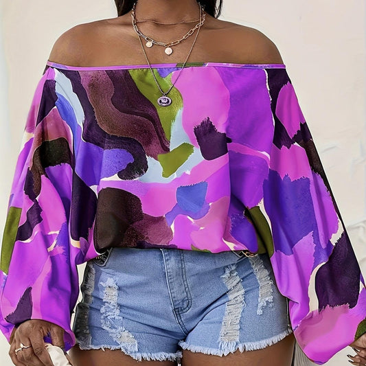 Ladies' Off-Shoulder Printed Lantern Sleeve T-Shirt – Casual & Stylish