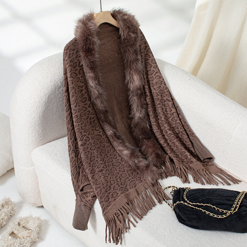 Leopard Faux Fur Poncho Cardigan