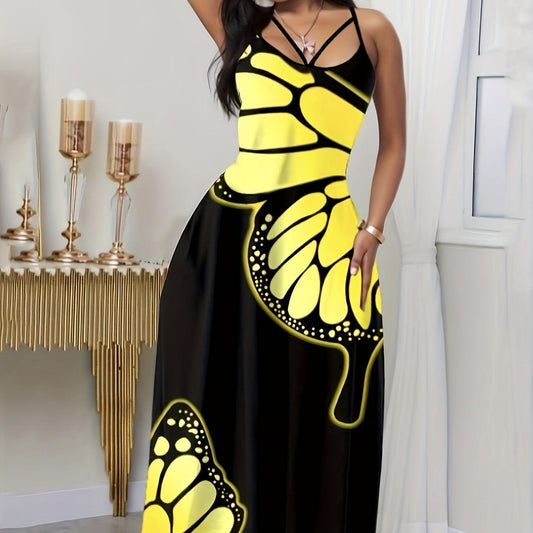 Ladies' V-Neck Elegant Butterfly Print Maxi Dress – Stylish and Comfortable Black Long Skirt Dress