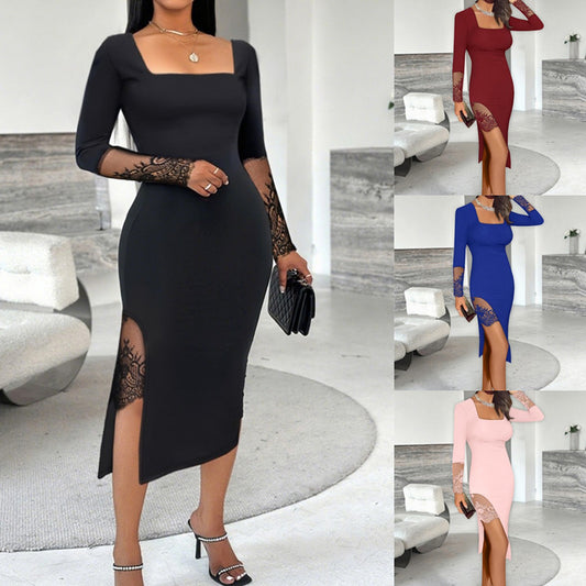 Square Neck Lace Bodycon Dress