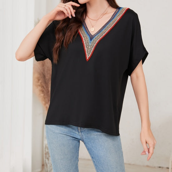 Women’s Loose Fit Lace V-Neck Short Sleeve Top | Breathable Casual Shirt
