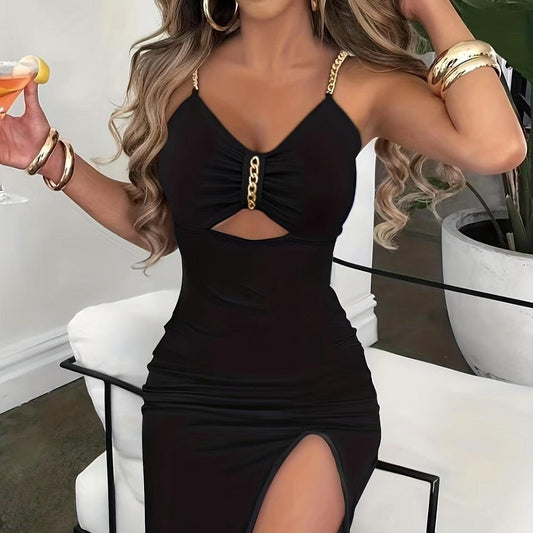Ladies' Slim Fit V-Neck Chain Decor Cut High Slit Dress | Fashionable and Sexy Evening Gown