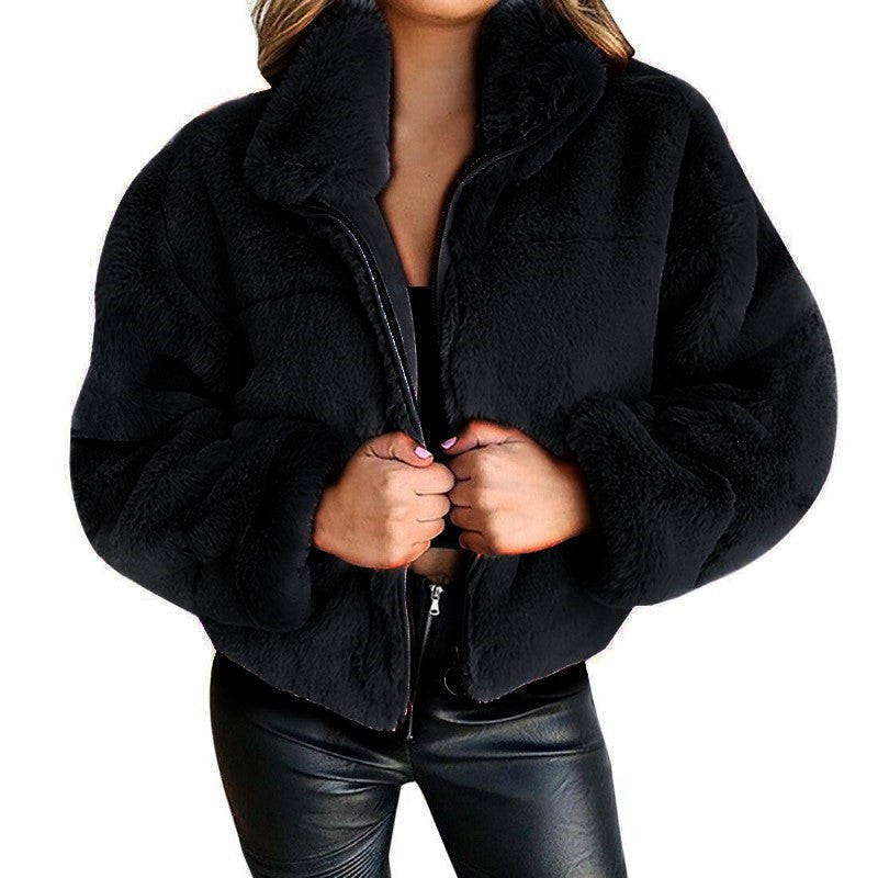 Plush Stand Collar Short Coat