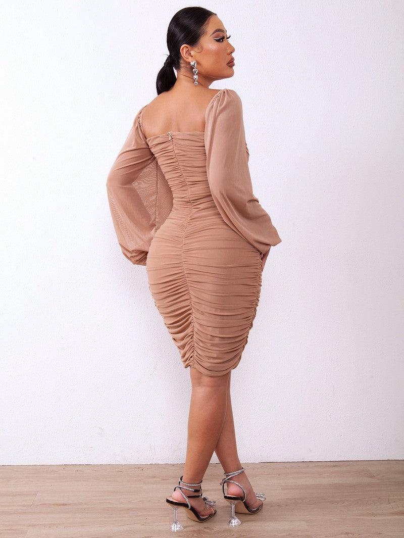 Zip-Back Ruched Bodycon Dress-8