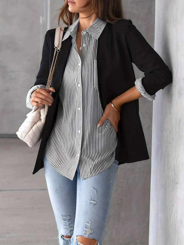 Ladies' Classic Striped Print Long Sleeve Shirt with Pockets – Casual & Functional