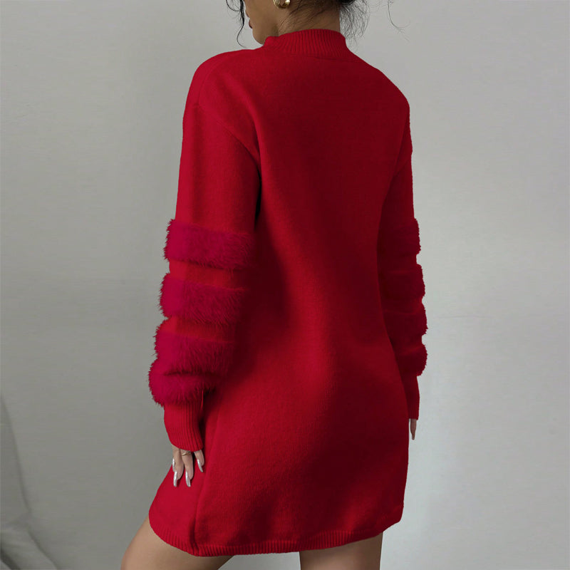 Plush Faux Fur Trim Mini Dress