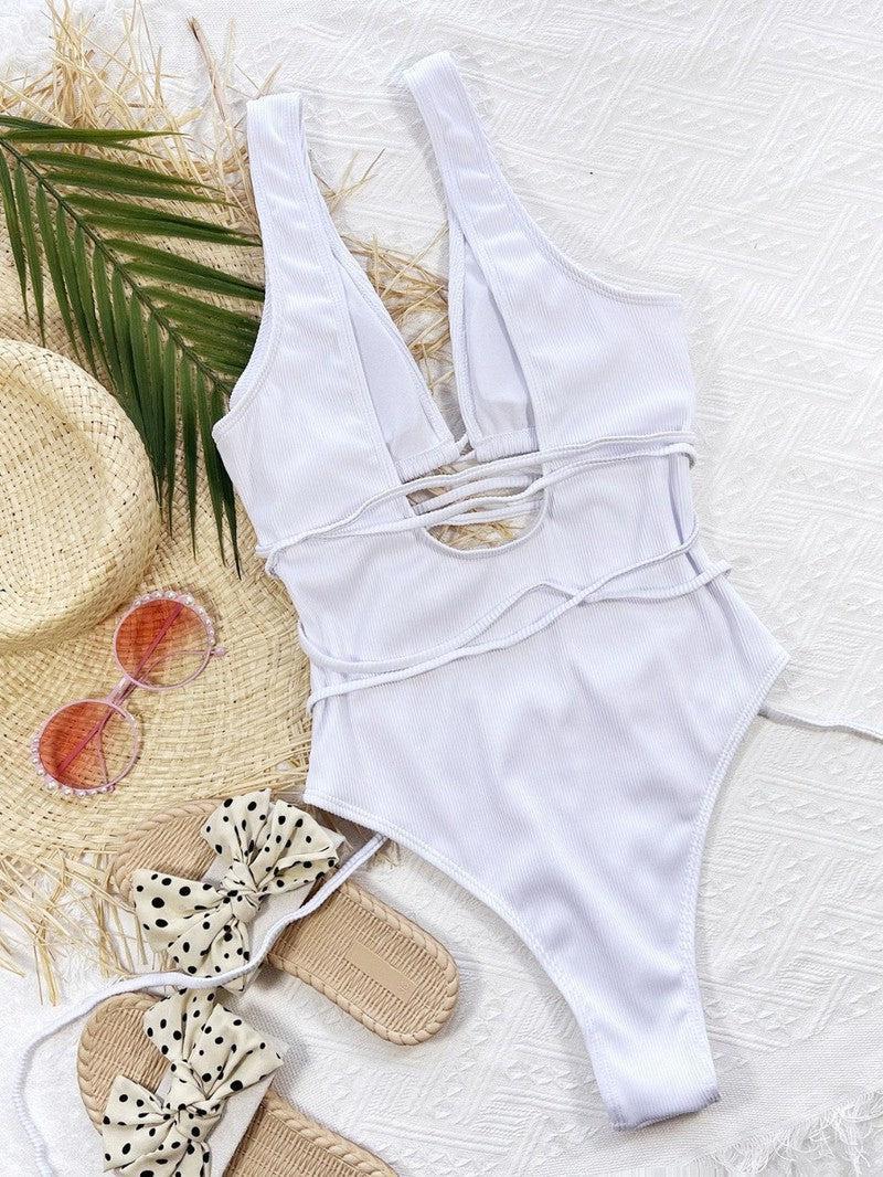 Ribbed Lace Up One-Piece Swimsuit-3