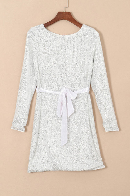 Sequin Tie Front T-Shirt Dress-Ivory-1
