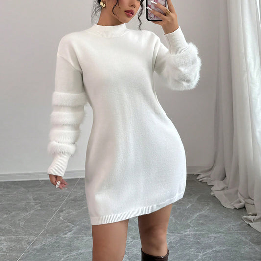 Plush Faux Fur Trim Mini Dress