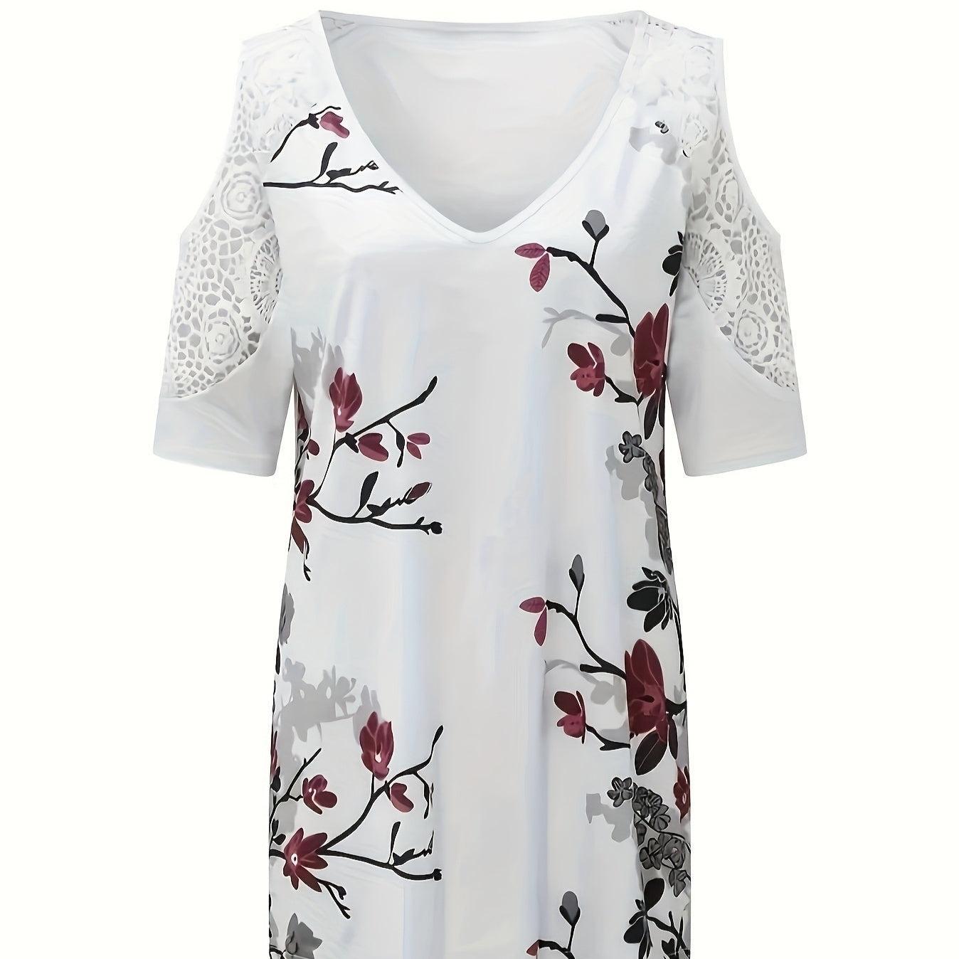 Women's V-Neck Off Shoulder Top with Floral Print & Contrasting Lace – Elegant & Flirty