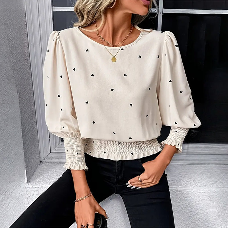 Heart Print Smocked Blouse
