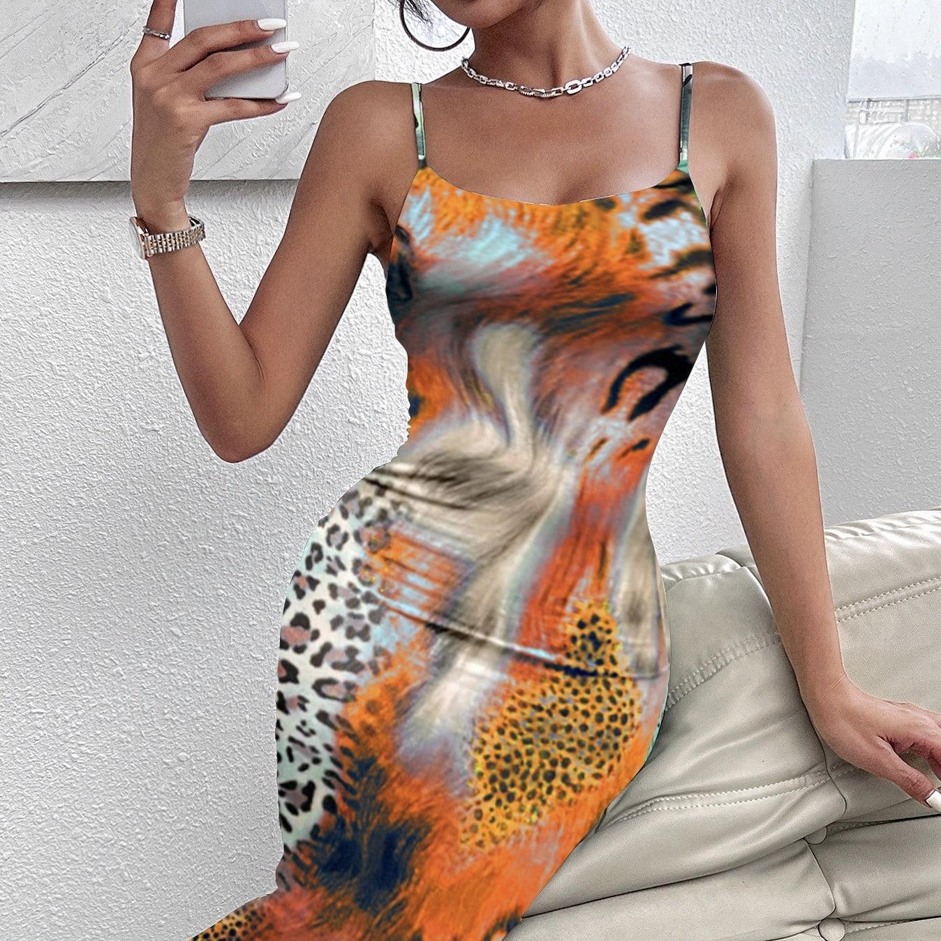 Ladies' Leopard Print Off-Shoulder Dress – Elegant Suspender Style for Vacation Glam
