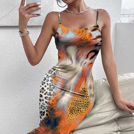 Ladies' Leopard Print Off-Shoulder Dress – Elegant Suspender Style for Vacation Glam