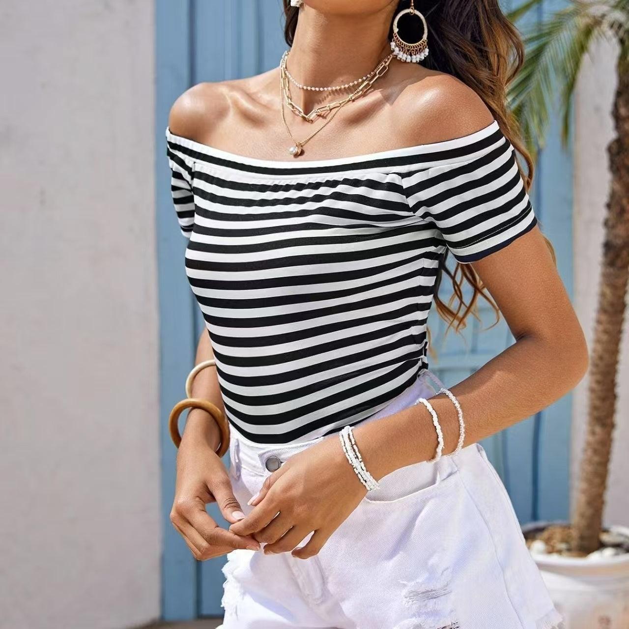 Ladies' Off-Shoulder Striped Top | Casual One-Shoulder Shirt