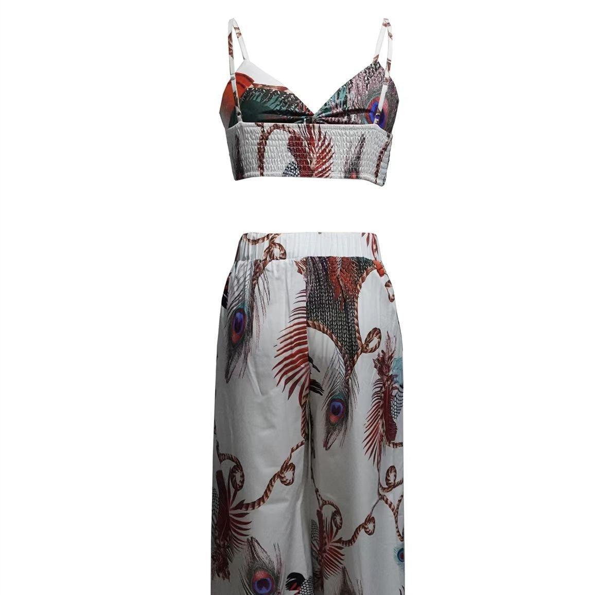 Women's Feather Printed Black Strap Pants Set | Sexy Vacation Outfit