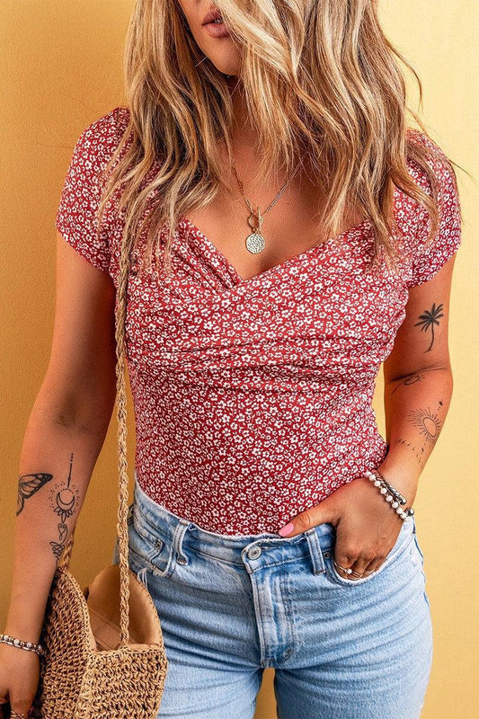 Floral Surplice Short Sleeve Bodysuit-Rust-1