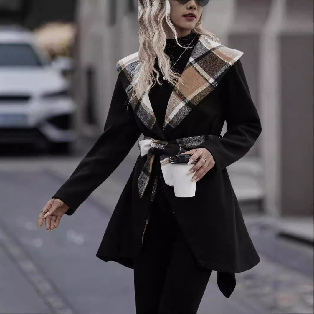 Lace-up Plaid Color Matching Wool Mid-length Trench Coat For Women