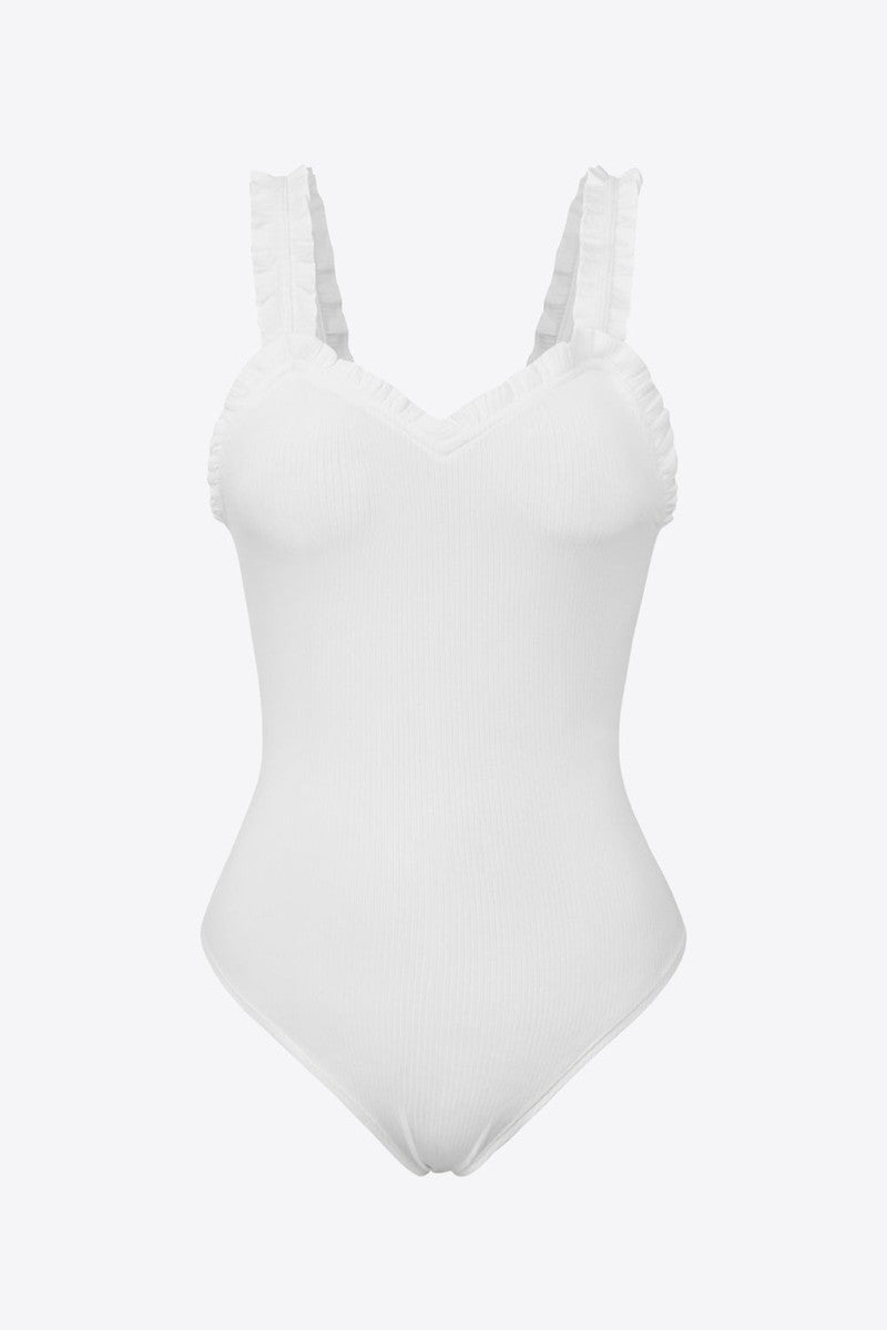 Ribbed Ruffle Trim Sleeveless Bodysuit-White-10