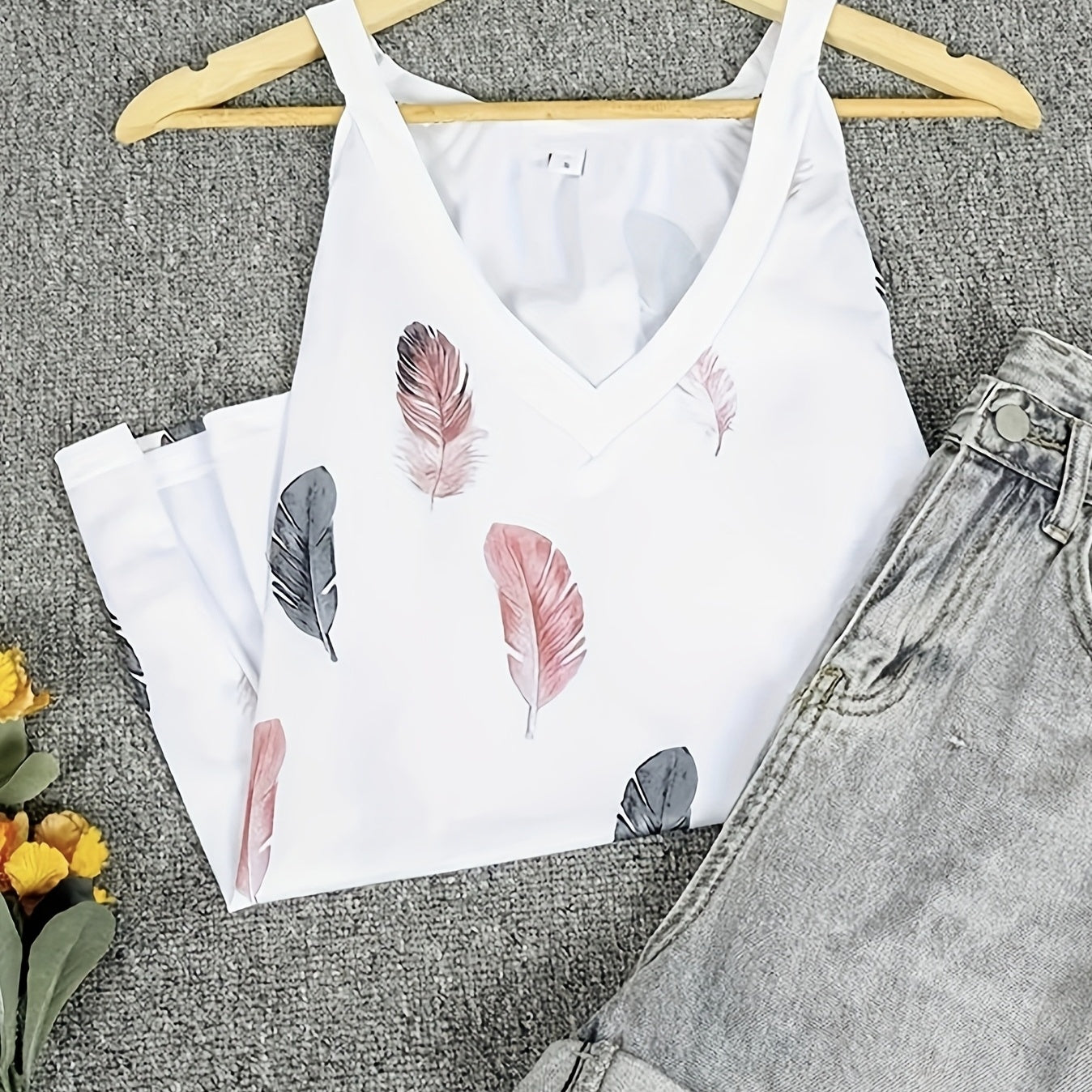 Ladies' V-Neck Feather Print Camisole Vest – Stylish, Versatile & Casual