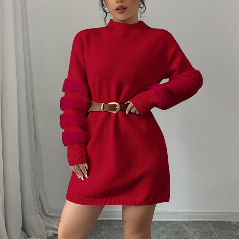 Plush Faux Fur Trim Mini Dress