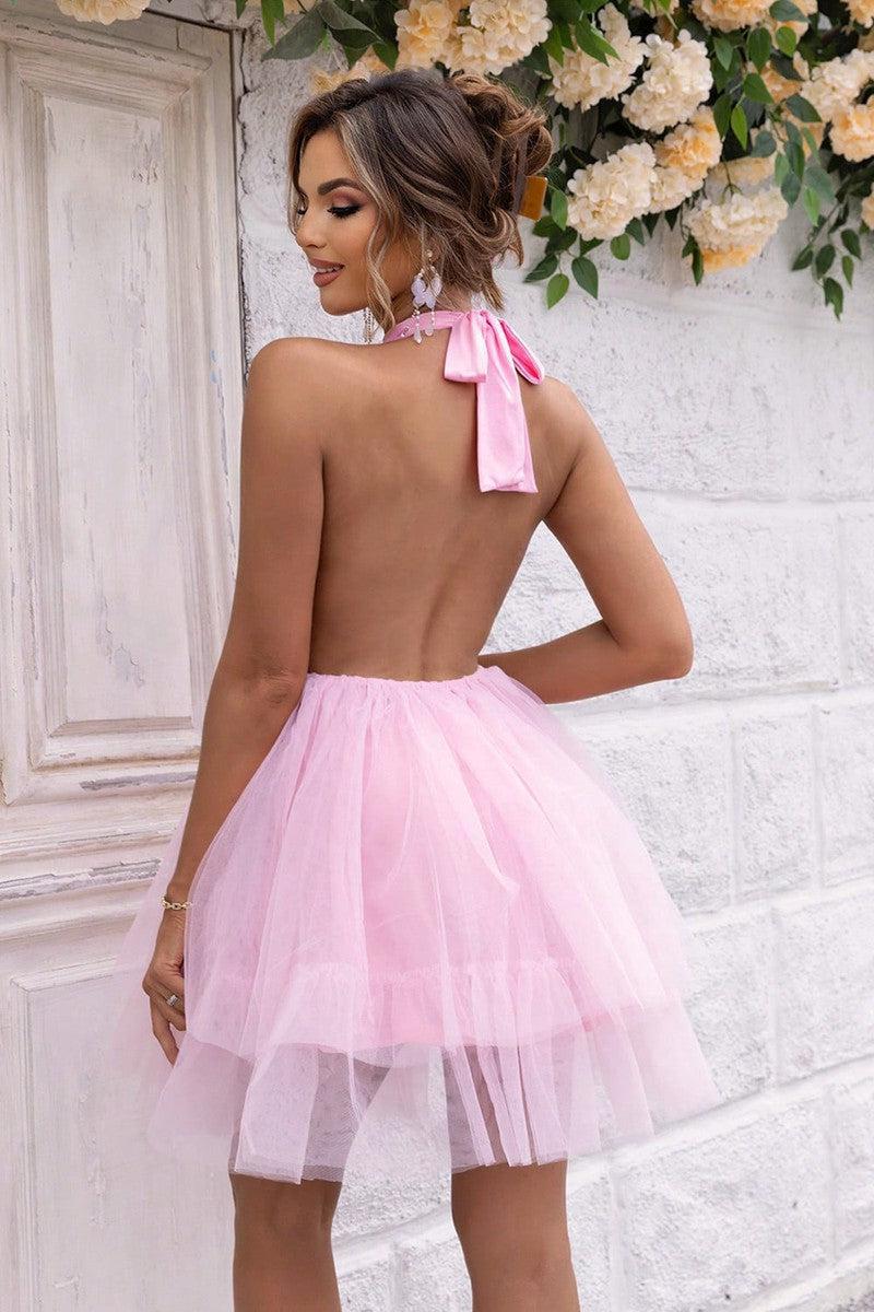 Halter Neck Backless Mesh Dress-2