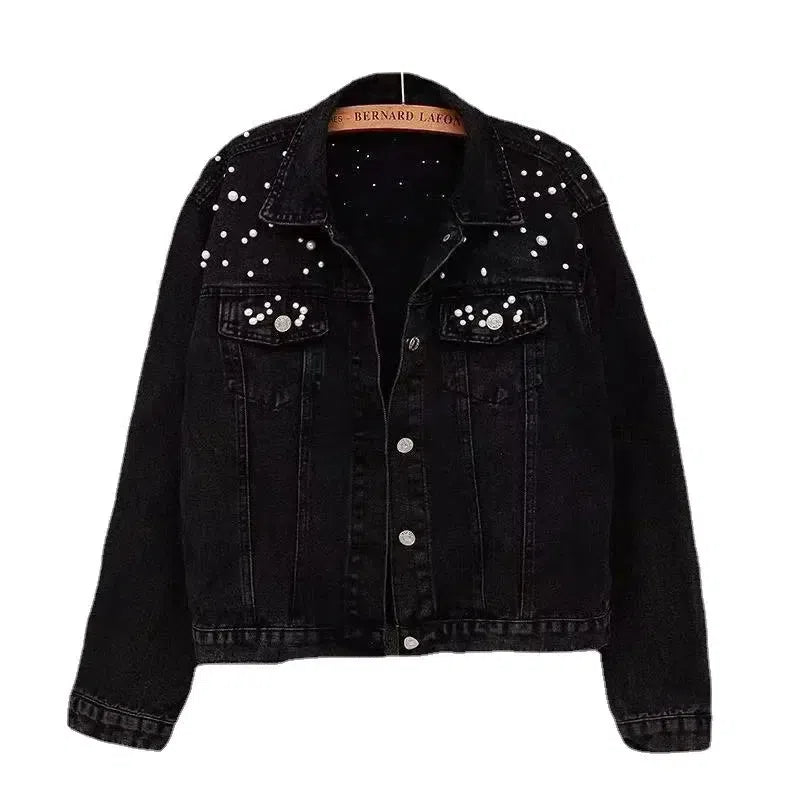 Pearl-Embellished Denim Jacket – Glamorous Twist on a Classic-Black-3
